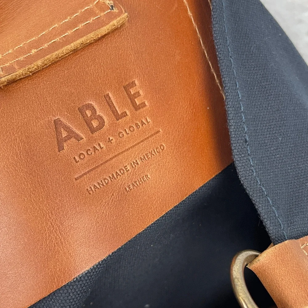 Able Navy Canvas Tote with Tan Leather Trim and Strap